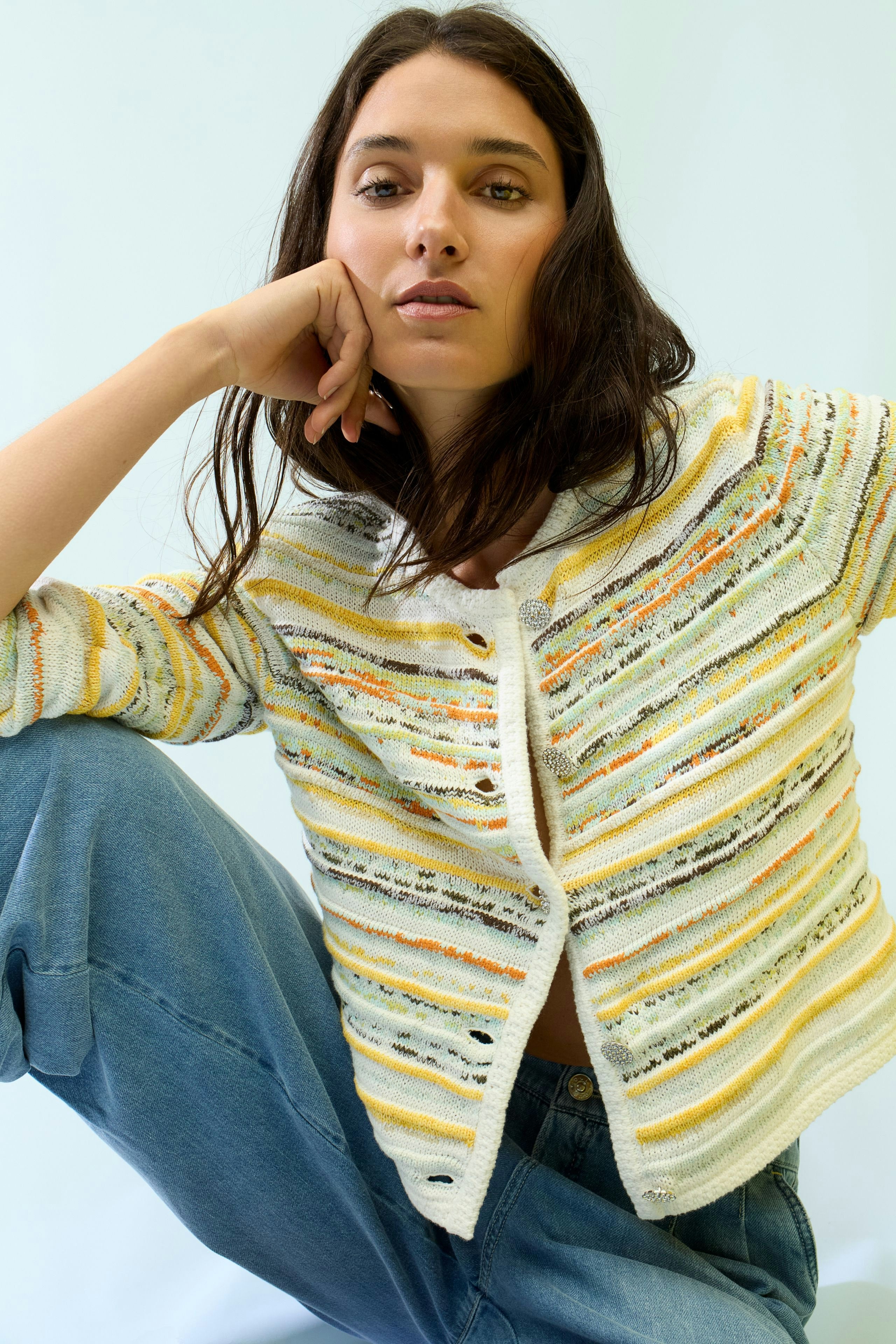 White & Yellow Stripe Cardigan - 97327