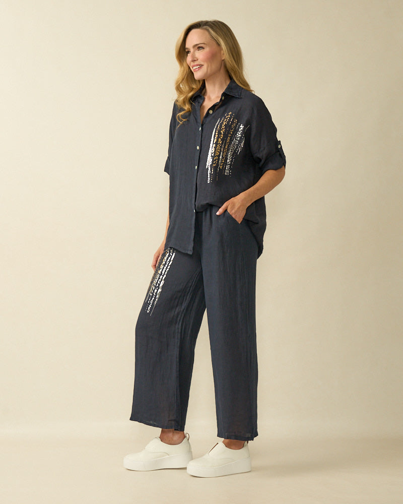 Navy Linen Blouse - 10307