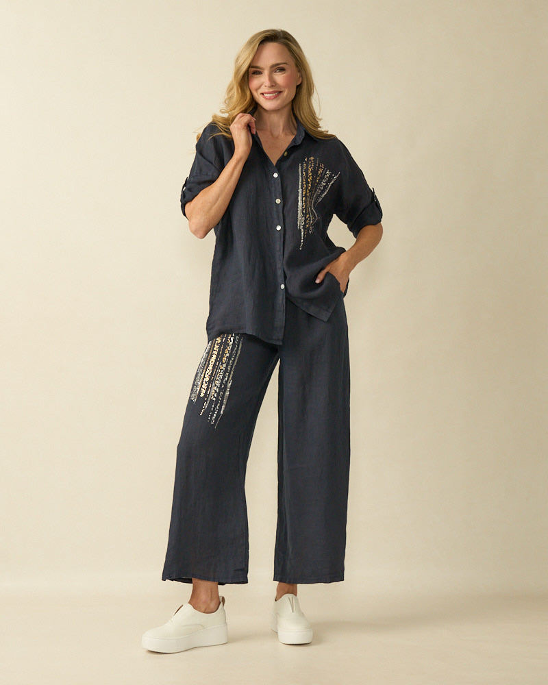 Navy Linen Blouse - 10307