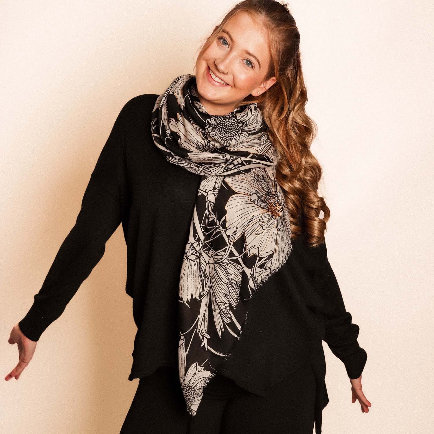 Black Metallic Floral Scarf - 1060301