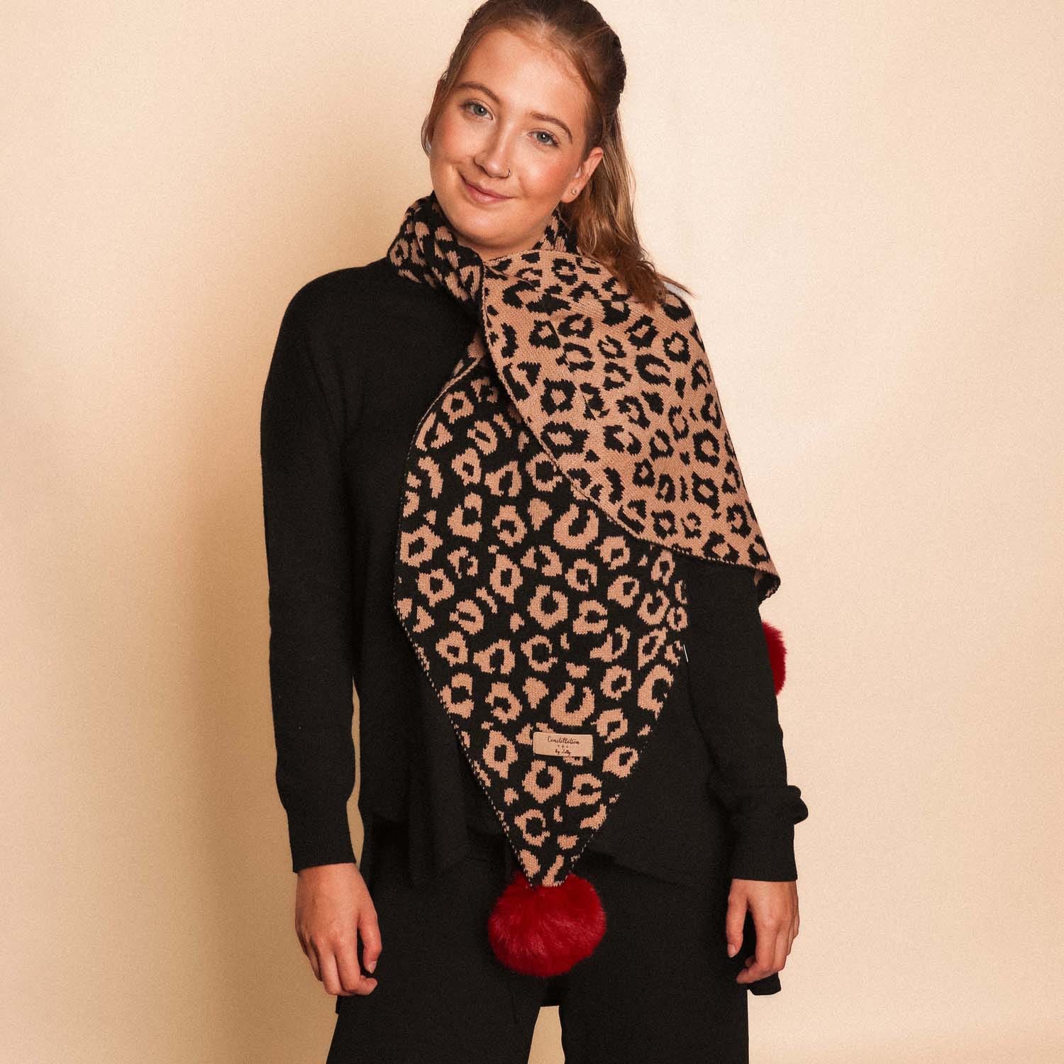 Pom Pom Black Animal Print Scarf - 1061218