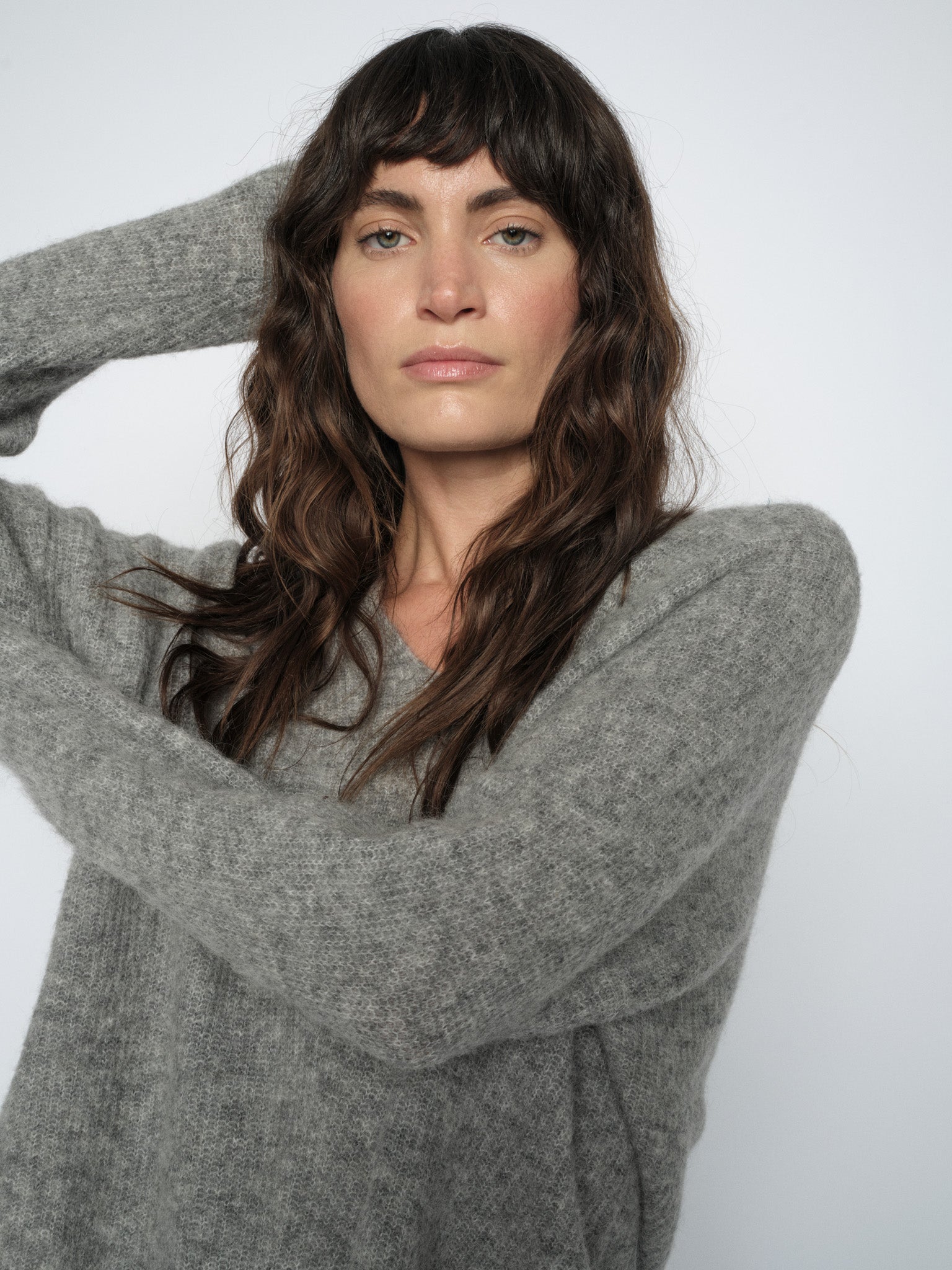 Thora V-Neck Grey Melange Knit - 153900