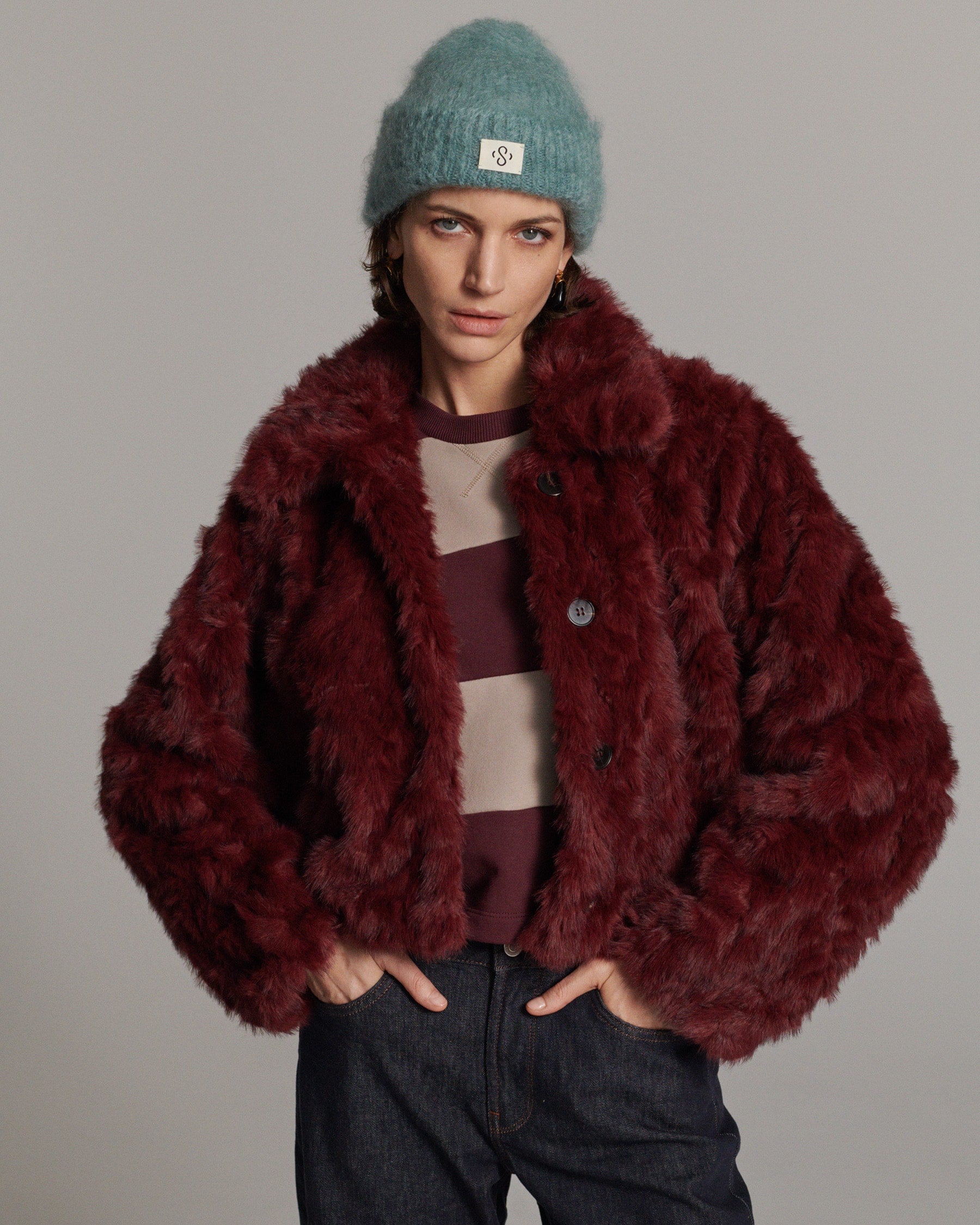 Dark Burgundy Faux Fur Jacket - 1s1320