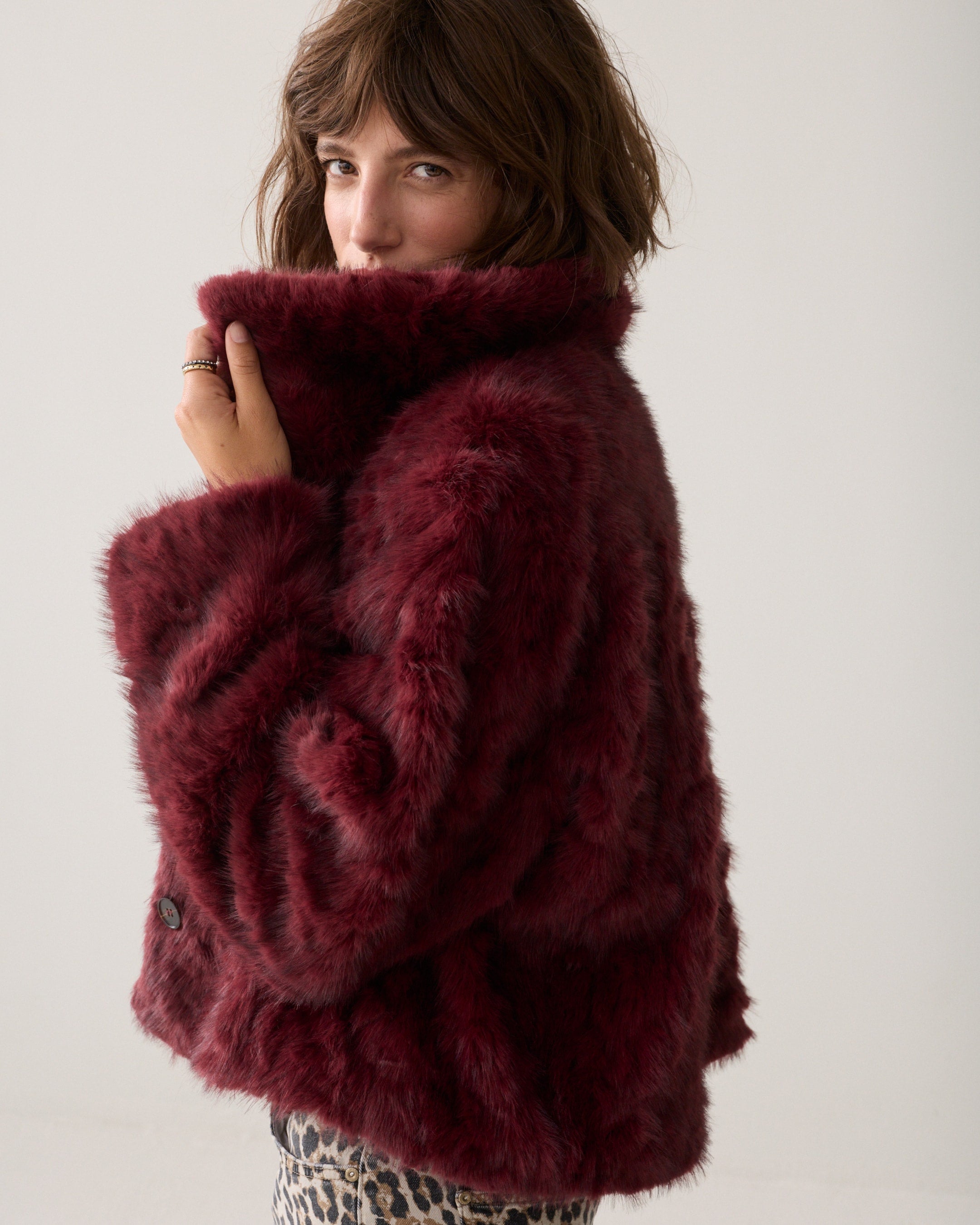 Dark Burgundy Faux Fur Jacket - 1s1320