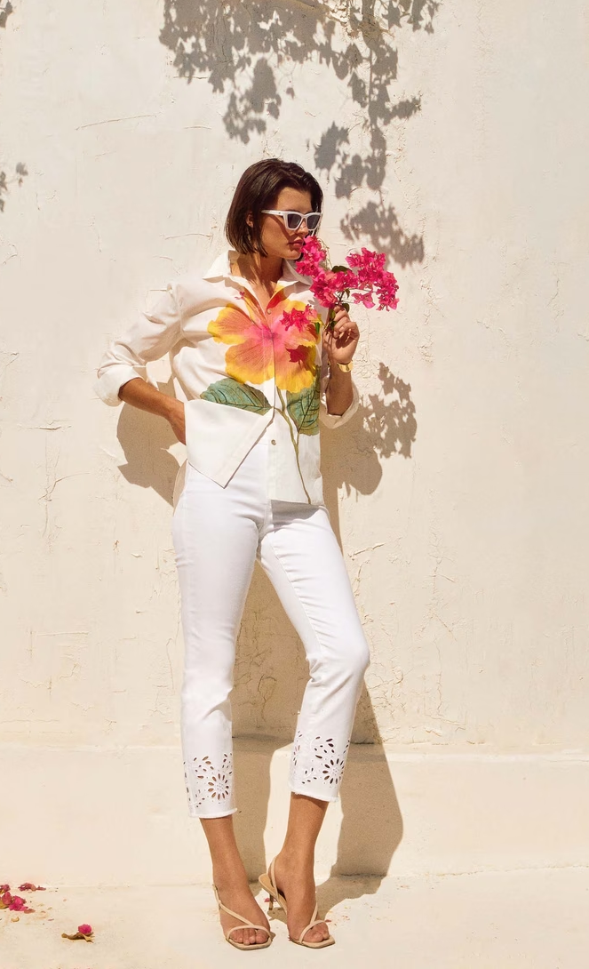 White Embroidered Hem Jeans - 251965