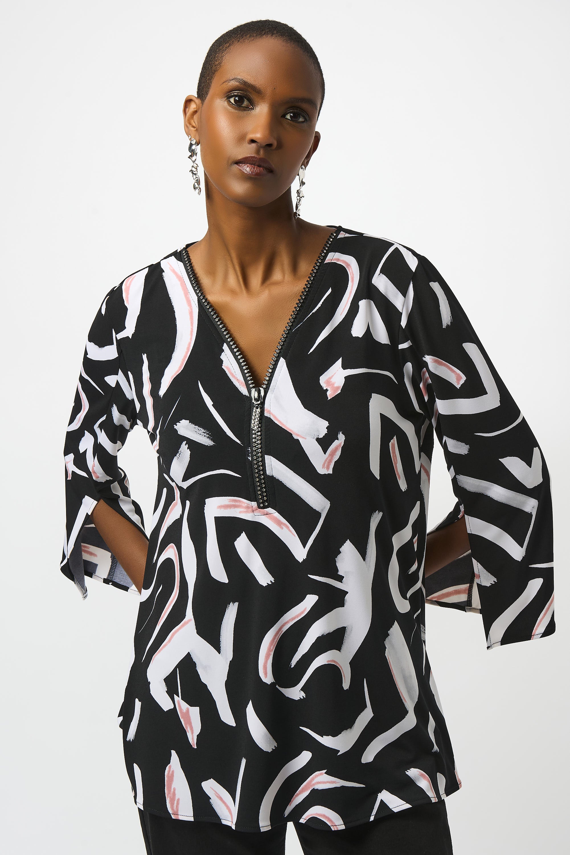 Black Print Zip Tunic Top - 253224