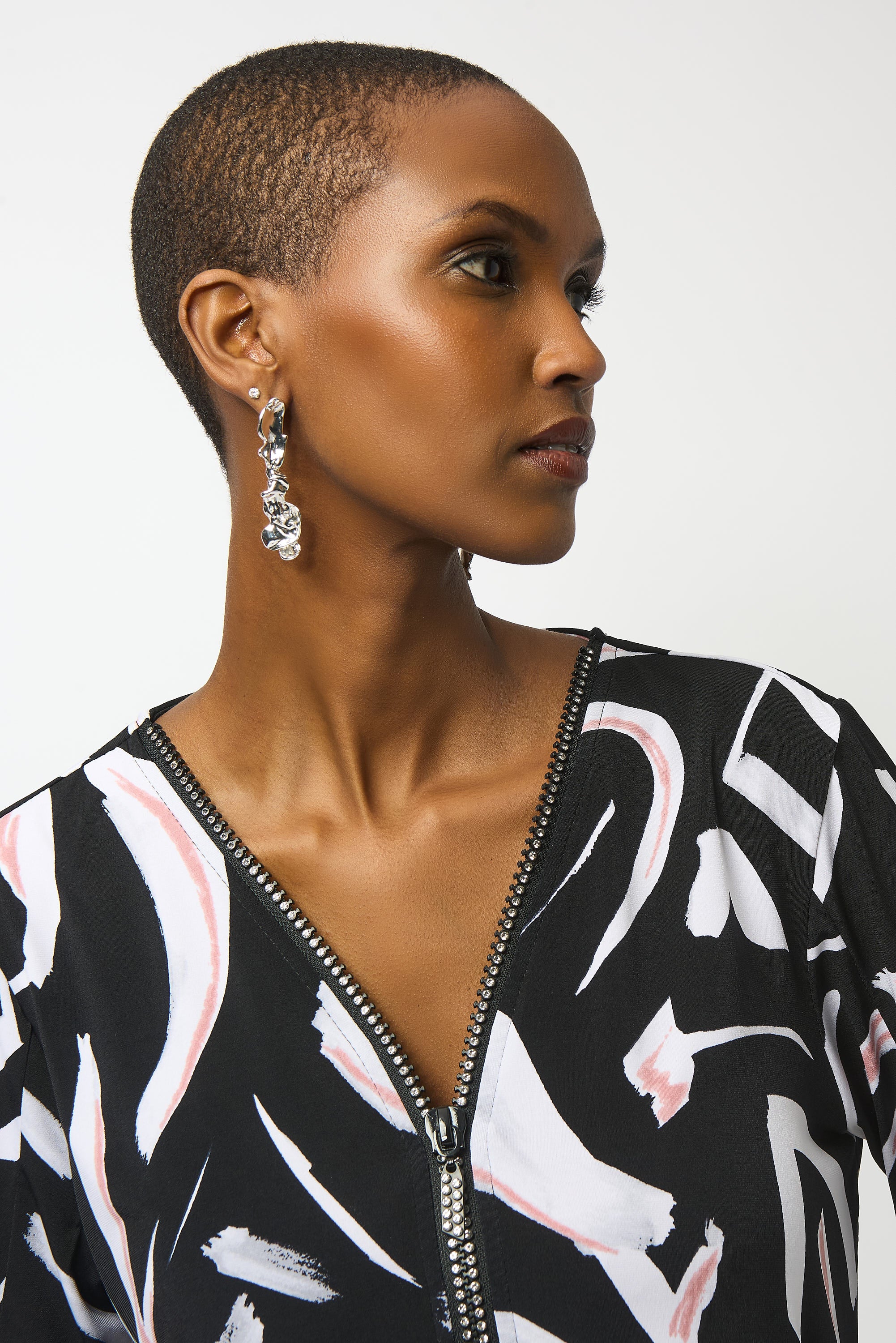 Black Print Zip Tunic Top - 253224