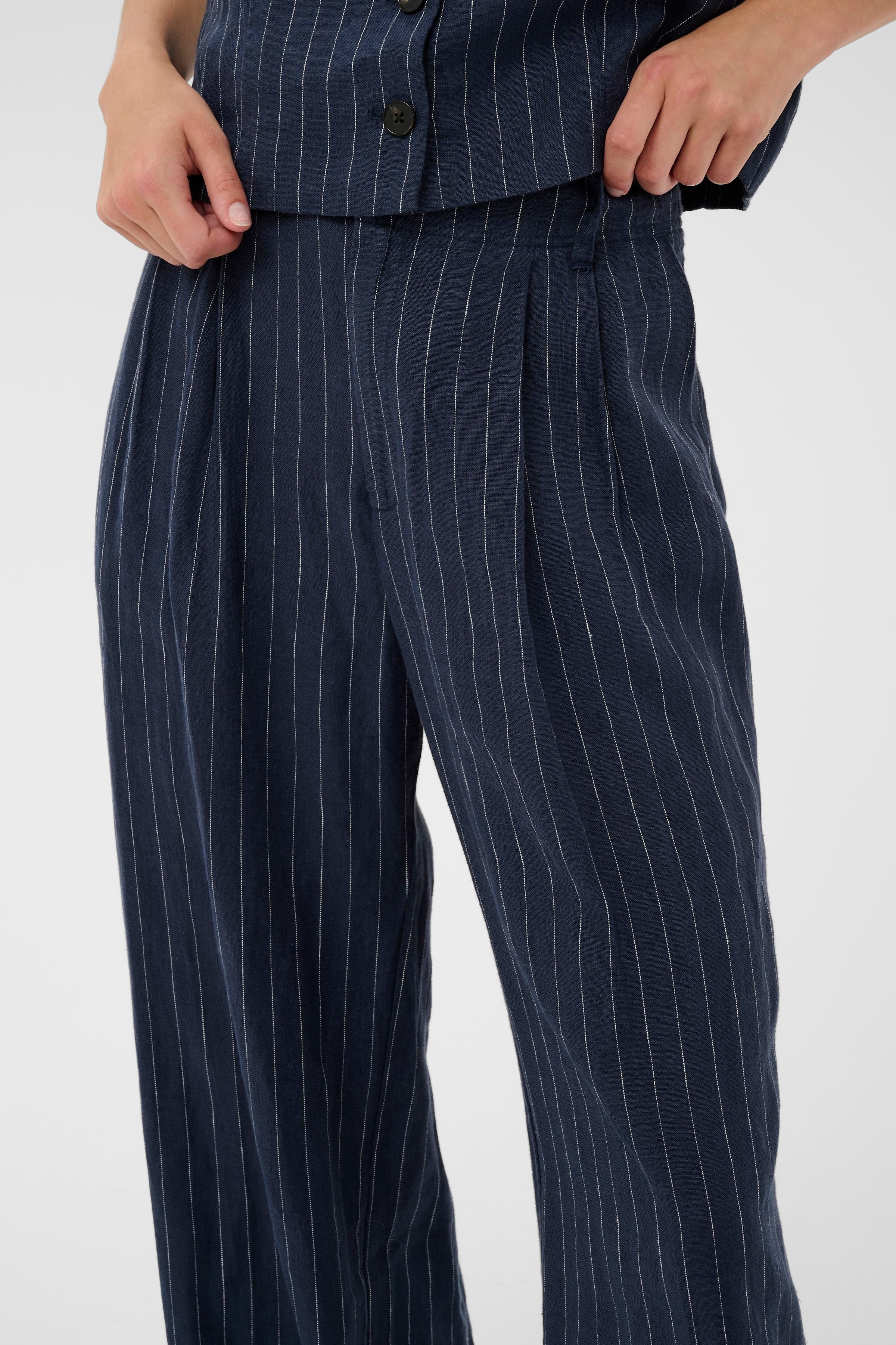 Aliya Blue Nights Pinstripe Linen Pants - 30310443