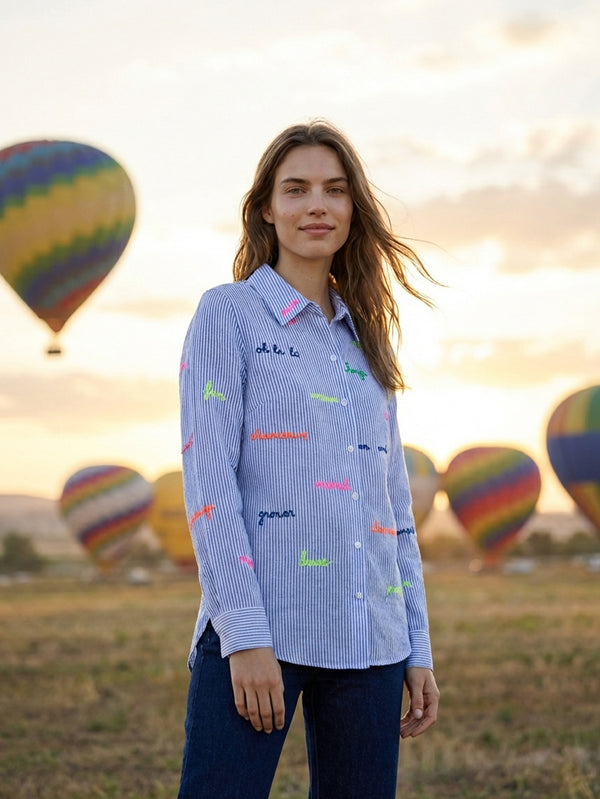 Blue Stripe Embroidered Shirt - 33214