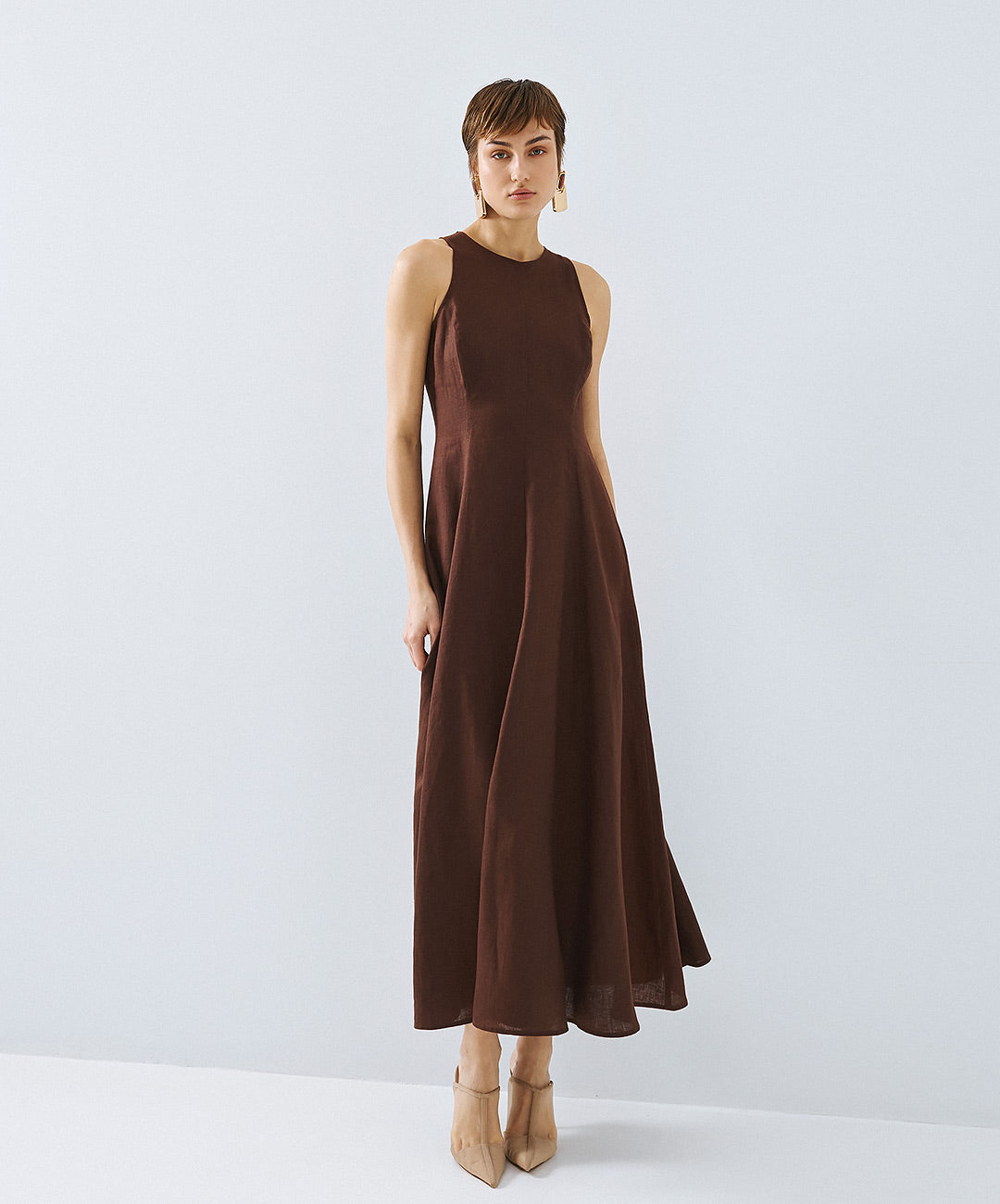 Coffee Linen Blend Dress - 63-3360