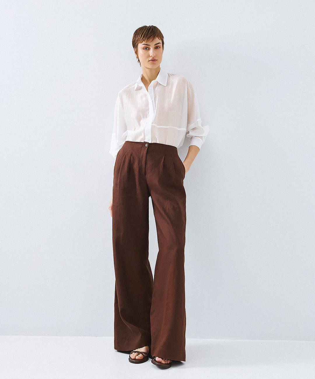 Coffee Linen Blend Pants - 63-5007
