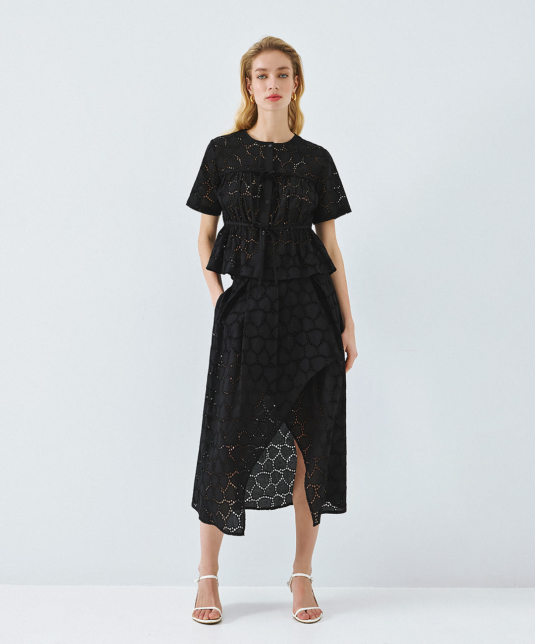 Black Broidery Tie Front Blouse - 63-7025