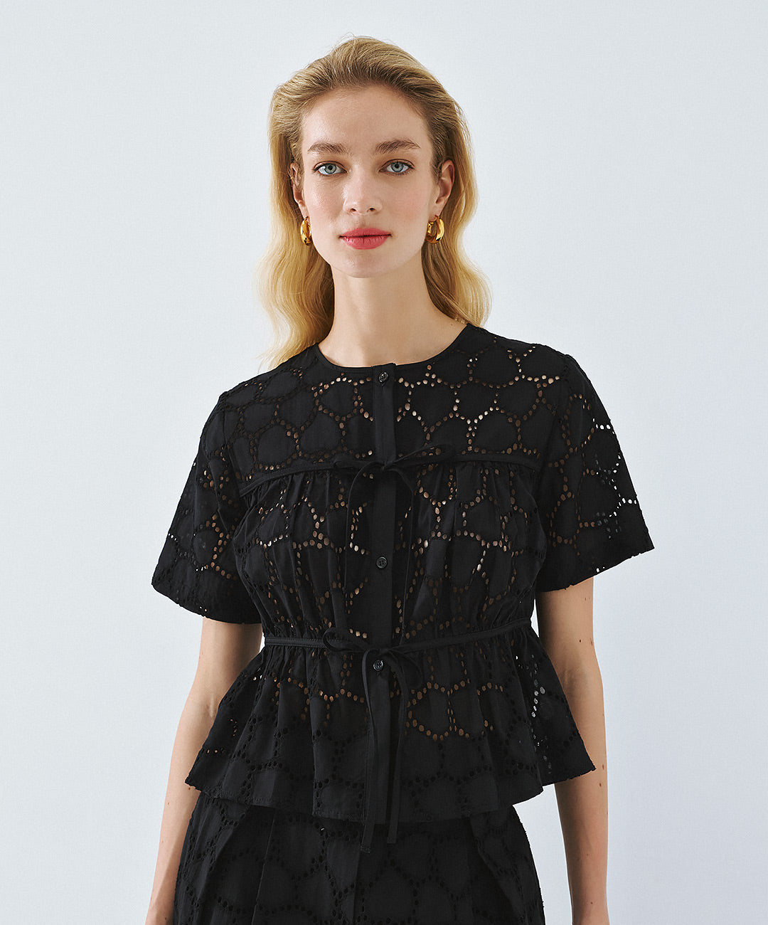 Black Broidery Tie Front Blouse - 63-7025