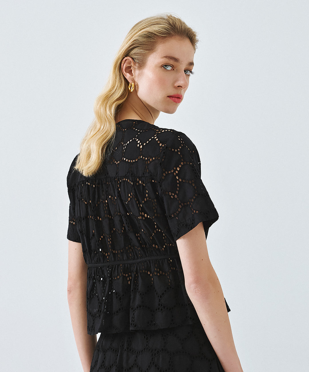 Black Broidery Tie Front Blouse - 63-7025