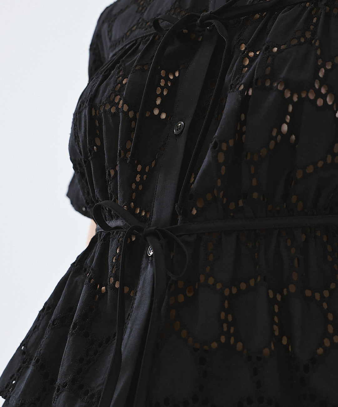 Black Broidery Tie Front Blouse - 63-7025