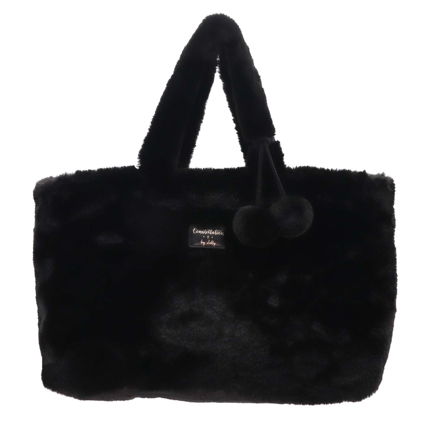 Black Faux Fur Pom Pom Bag - 7008001