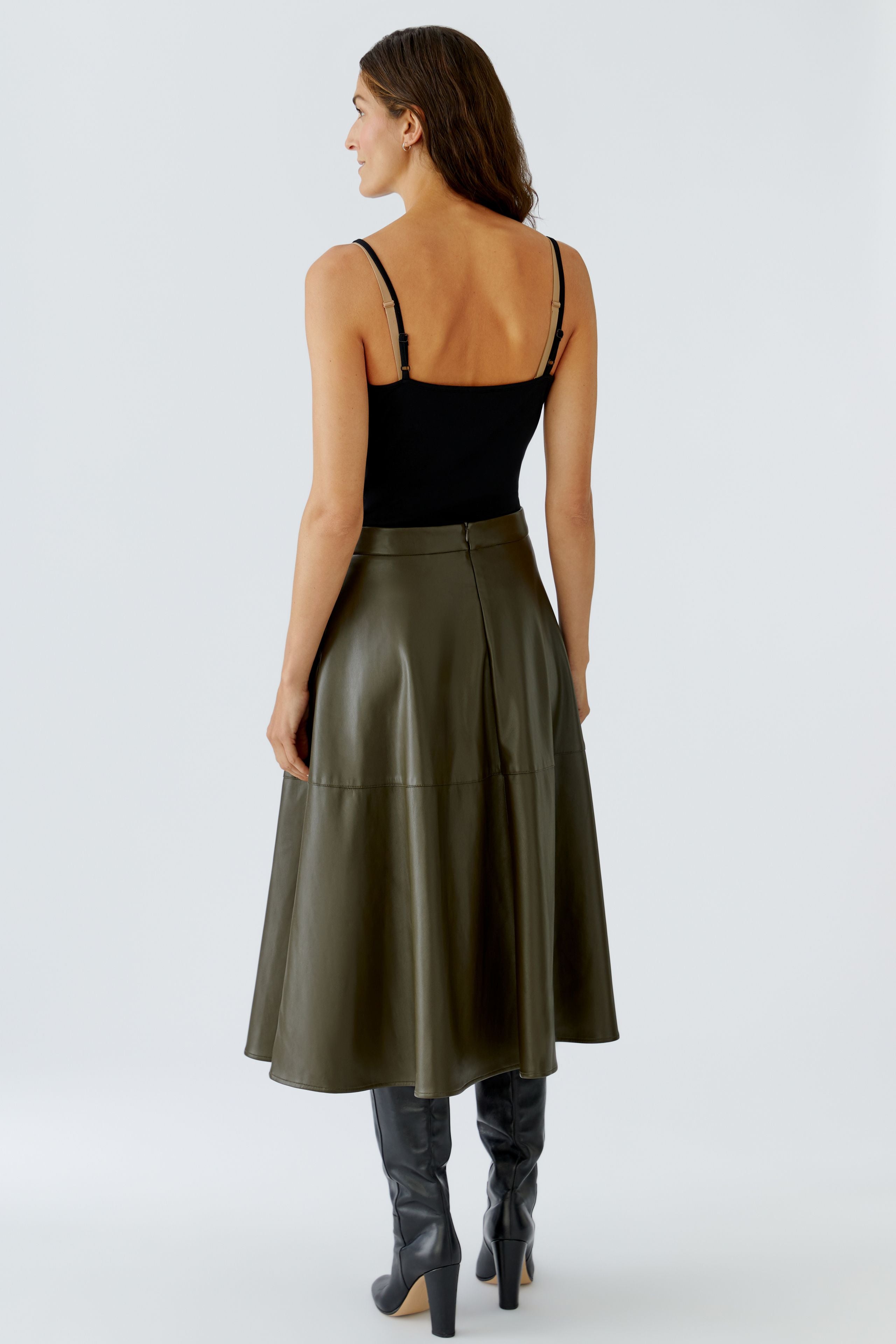 Khaki A-Line Faux Leather Skirt - 87352