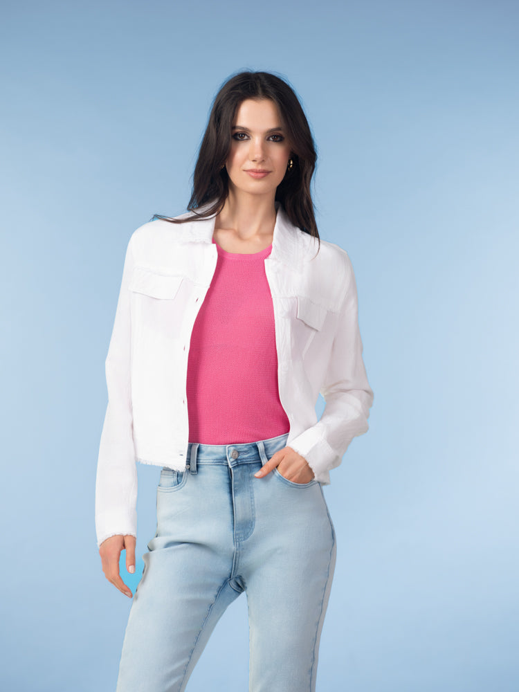 White Frayed Trim Jacket - A47155