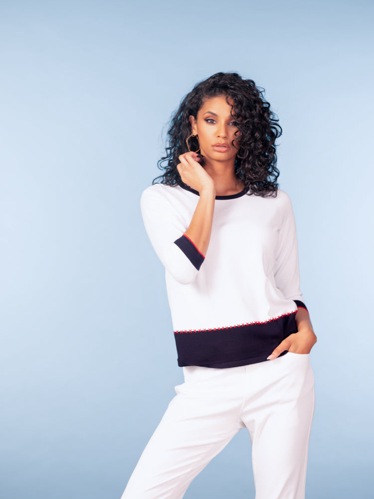 White Navy Trim Sweater - A47503