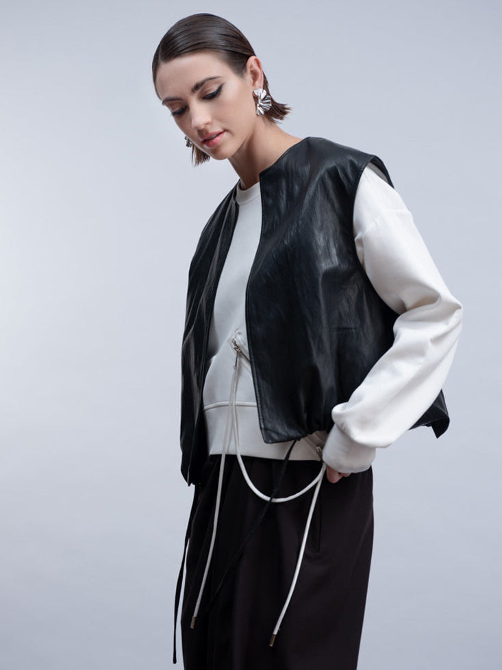 Black Faux Leather Waistcoat - H2010