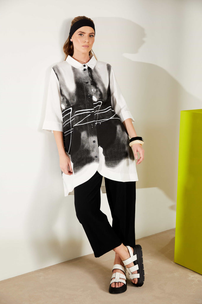 White & Black Long Line Shirt - NAS25204
