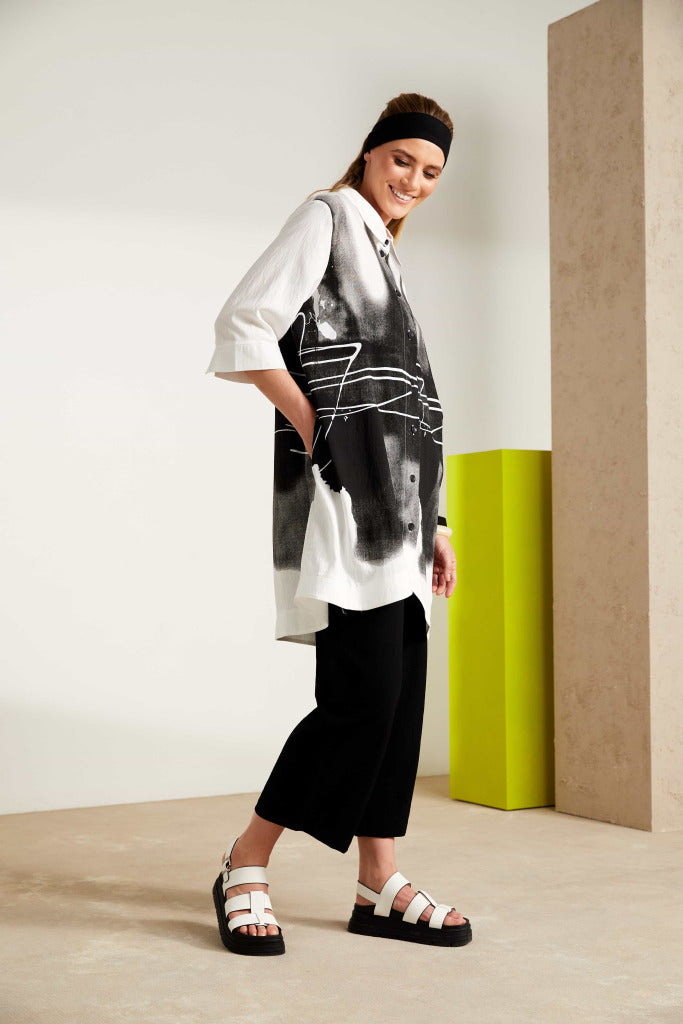 White & Black Long Line Shirt - NAS25204