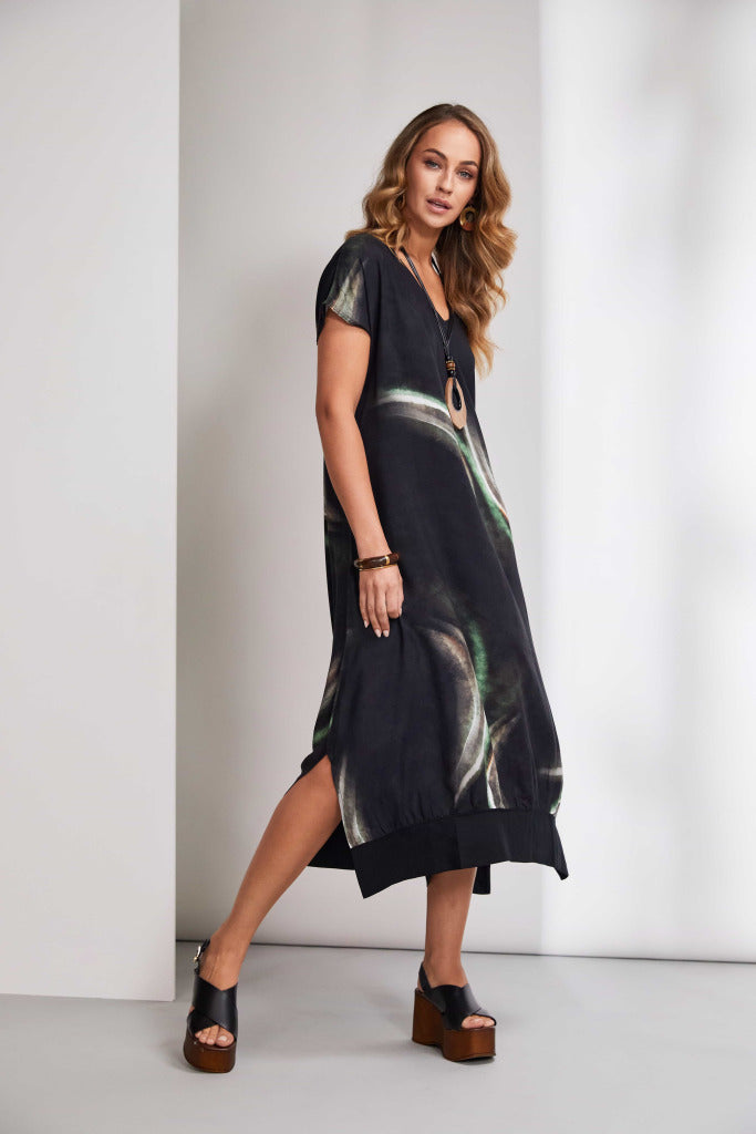 Black & Green Print Dress - NAS25212