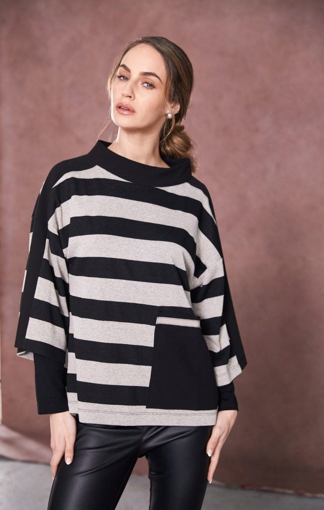 Black & Taupe Stripe Top - NAW25269