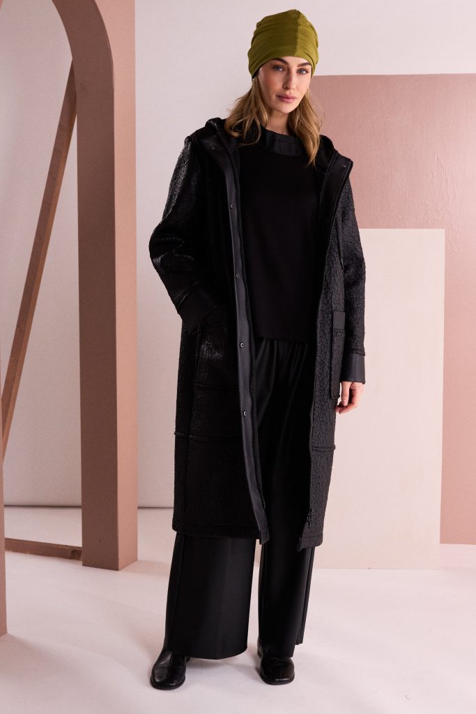 Black Jacquard Faux Leather Coat - NAW26154