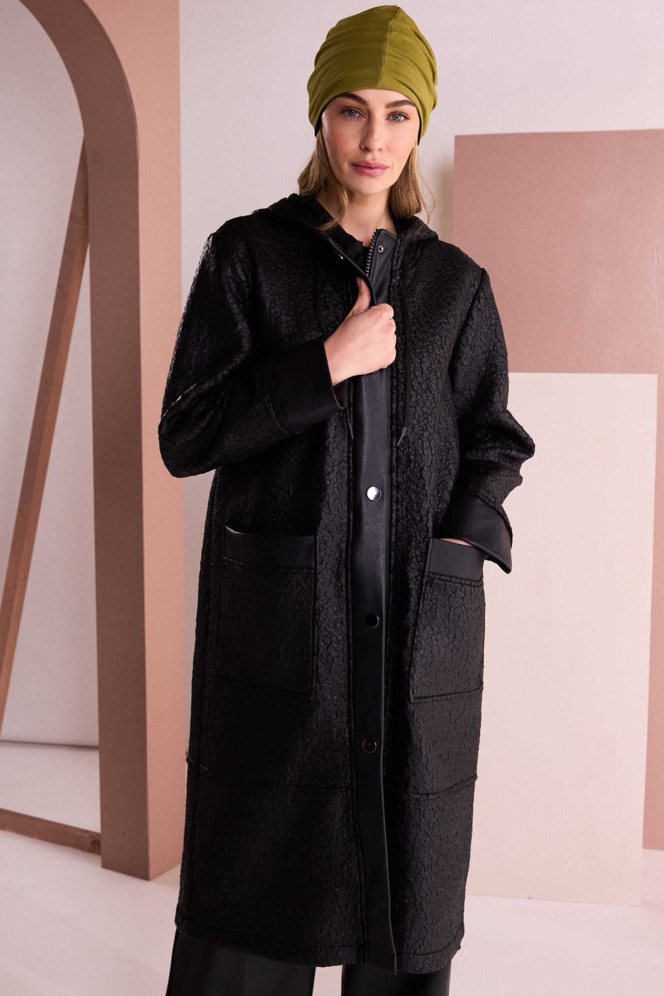 Black Jacquard Faux Leather Coat - NAW26154