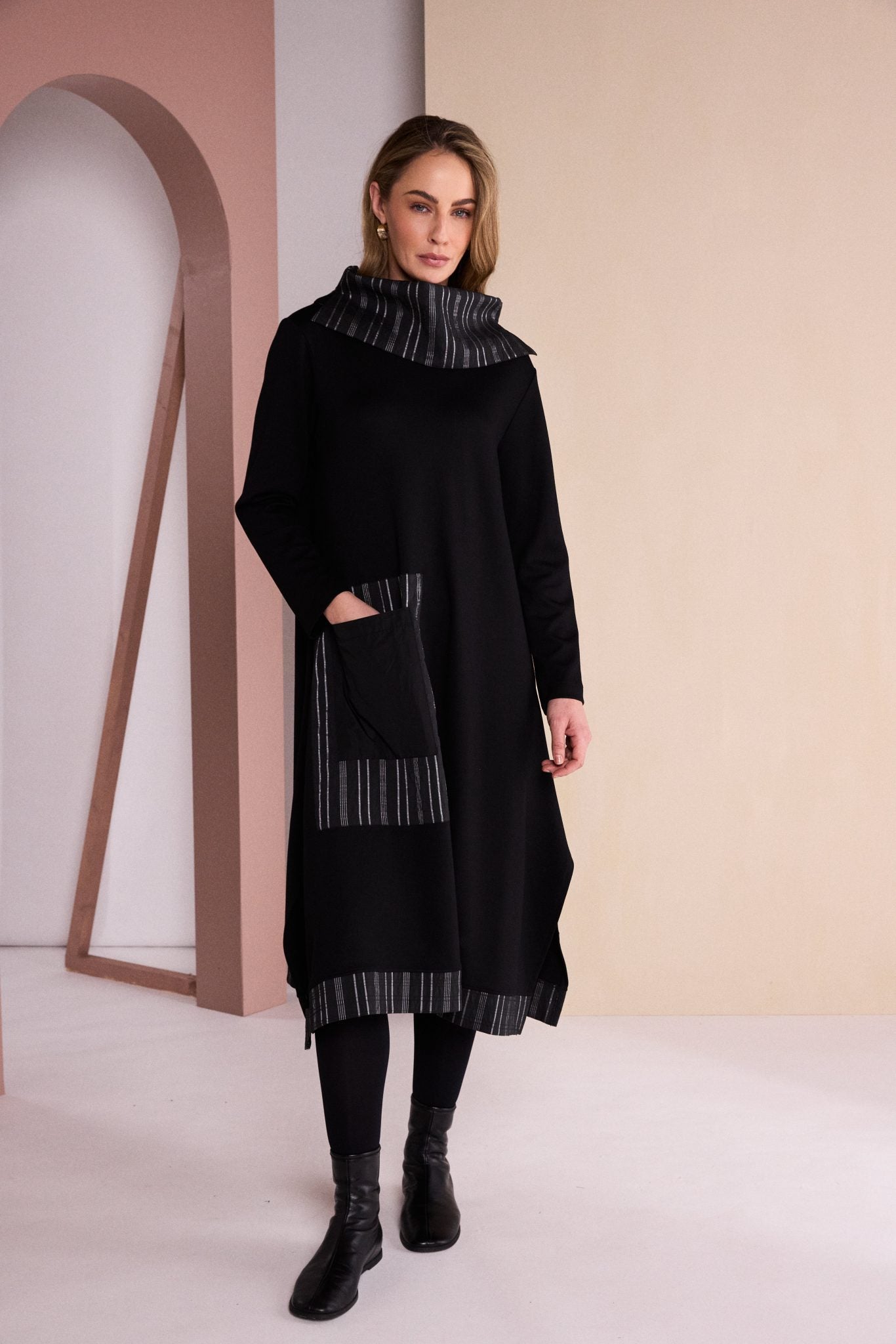 Black & Grey Stripe Trim Dress - NAW26160