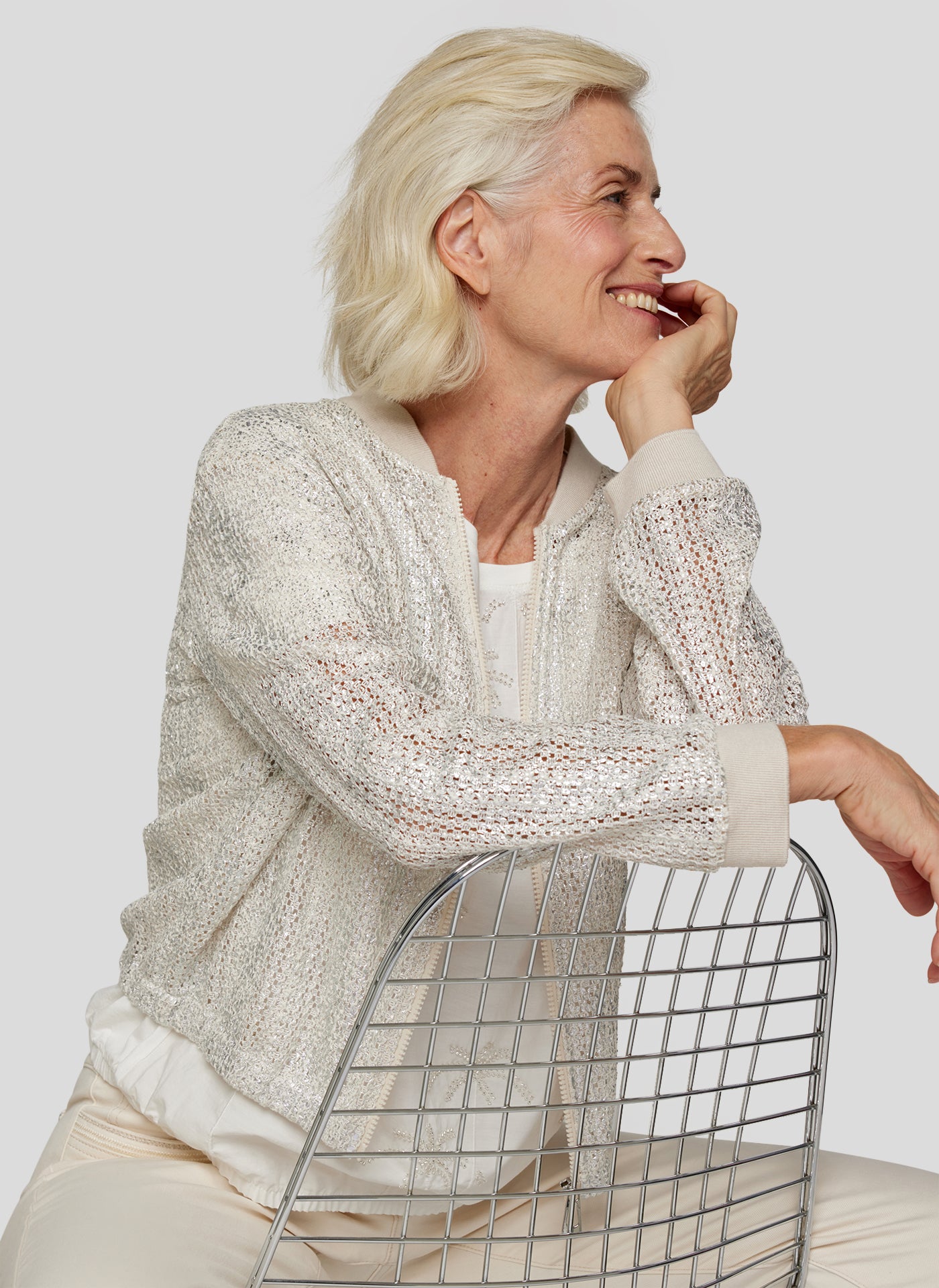 Ivory Metallic Knit Zip Jacket - 224221