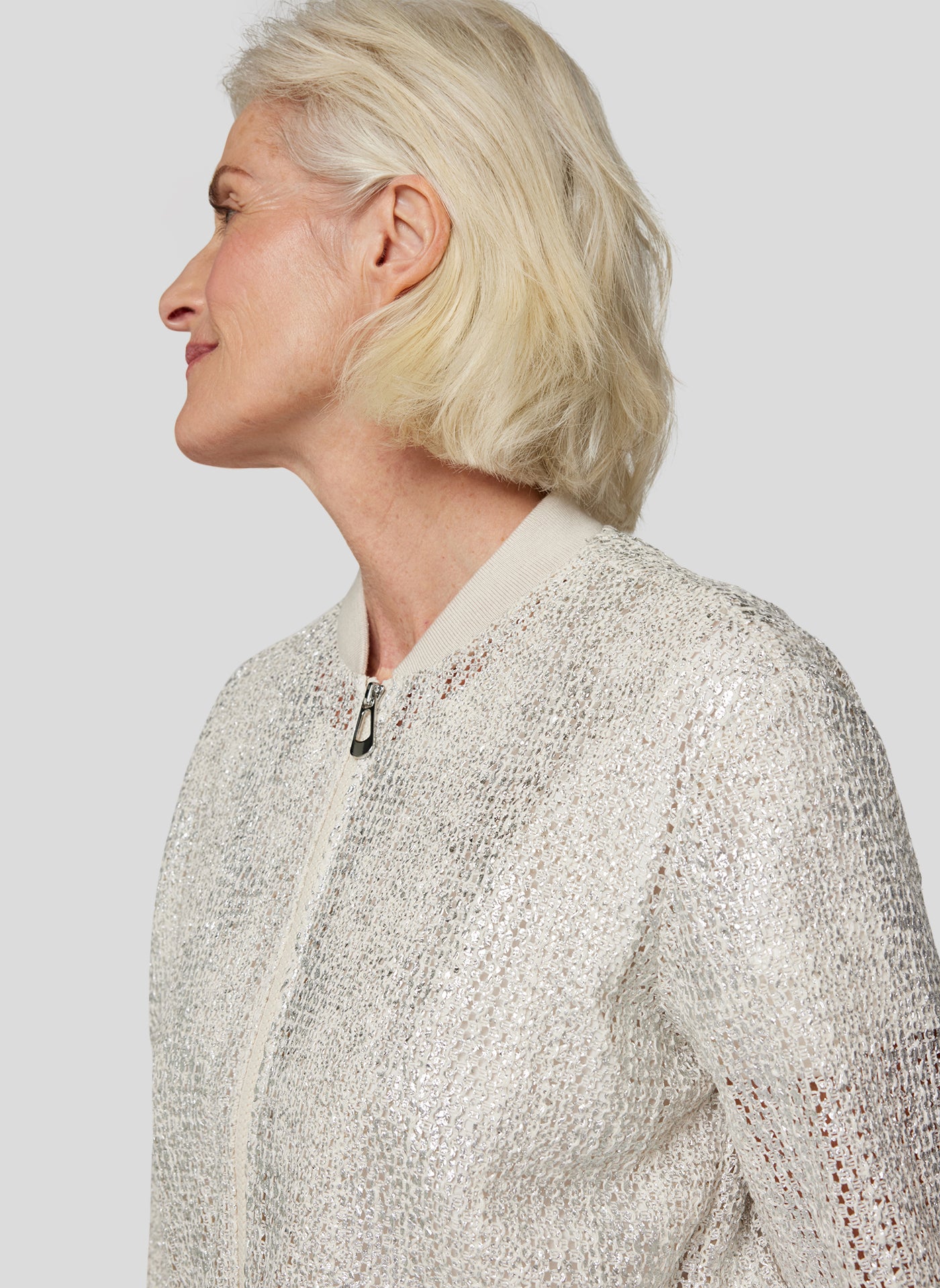 Ivory Metallic Knit Zip Jacket - 224221