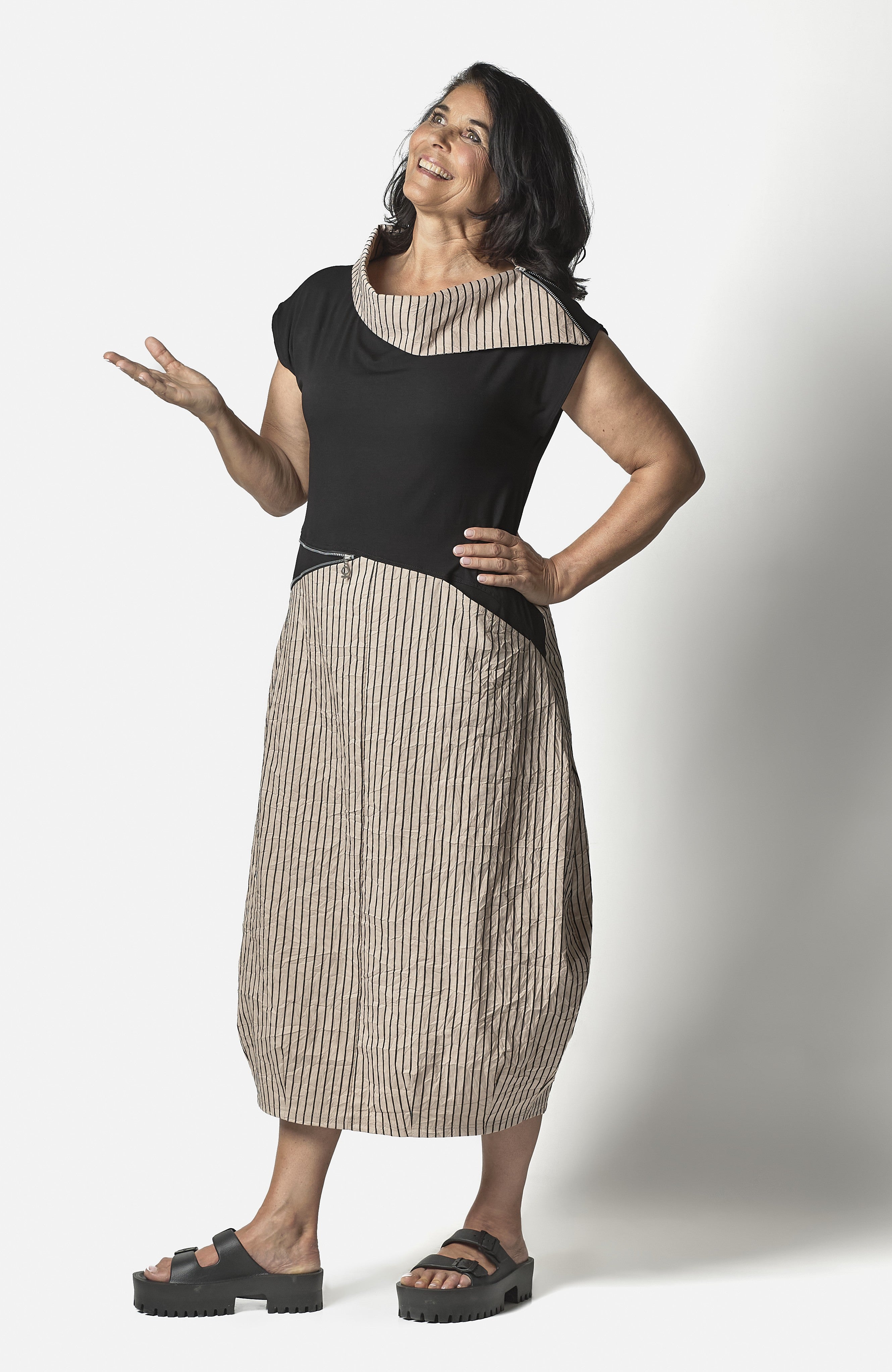 Crincle Sand & Black Dress - 5044