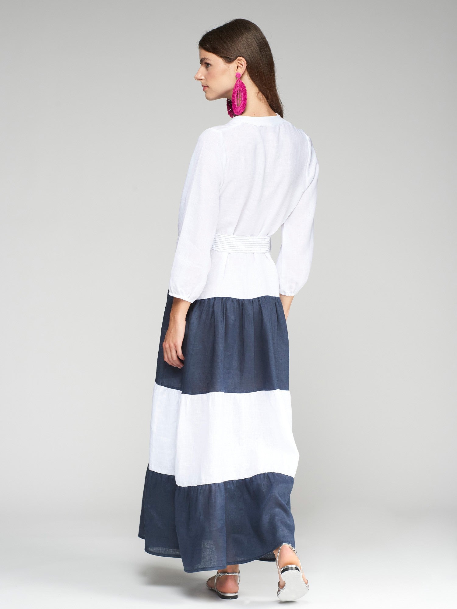 Flora White/Navy Linen Dress - 32558
