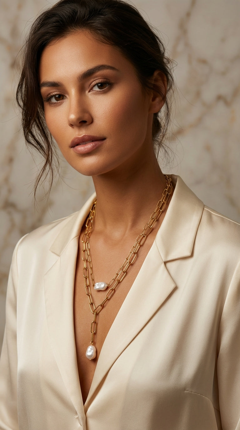 Gold Pearl Charm Necklace - 4509