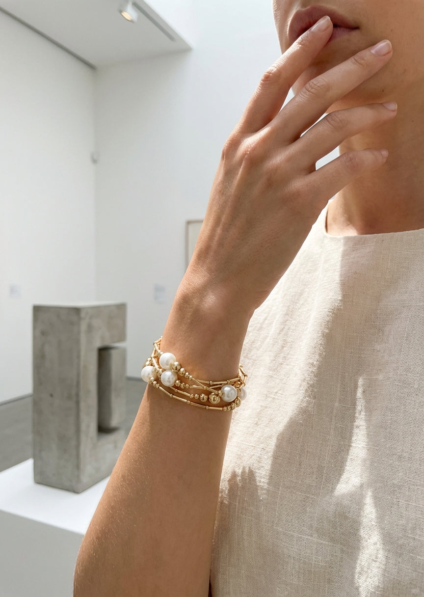 Gold & Pearl Stretch Bracelet - 4826
