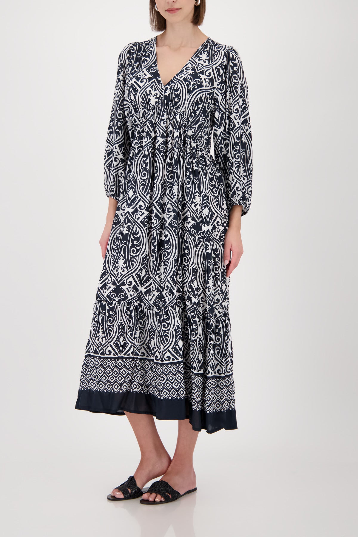 Black Print V Neck Dress - 410588