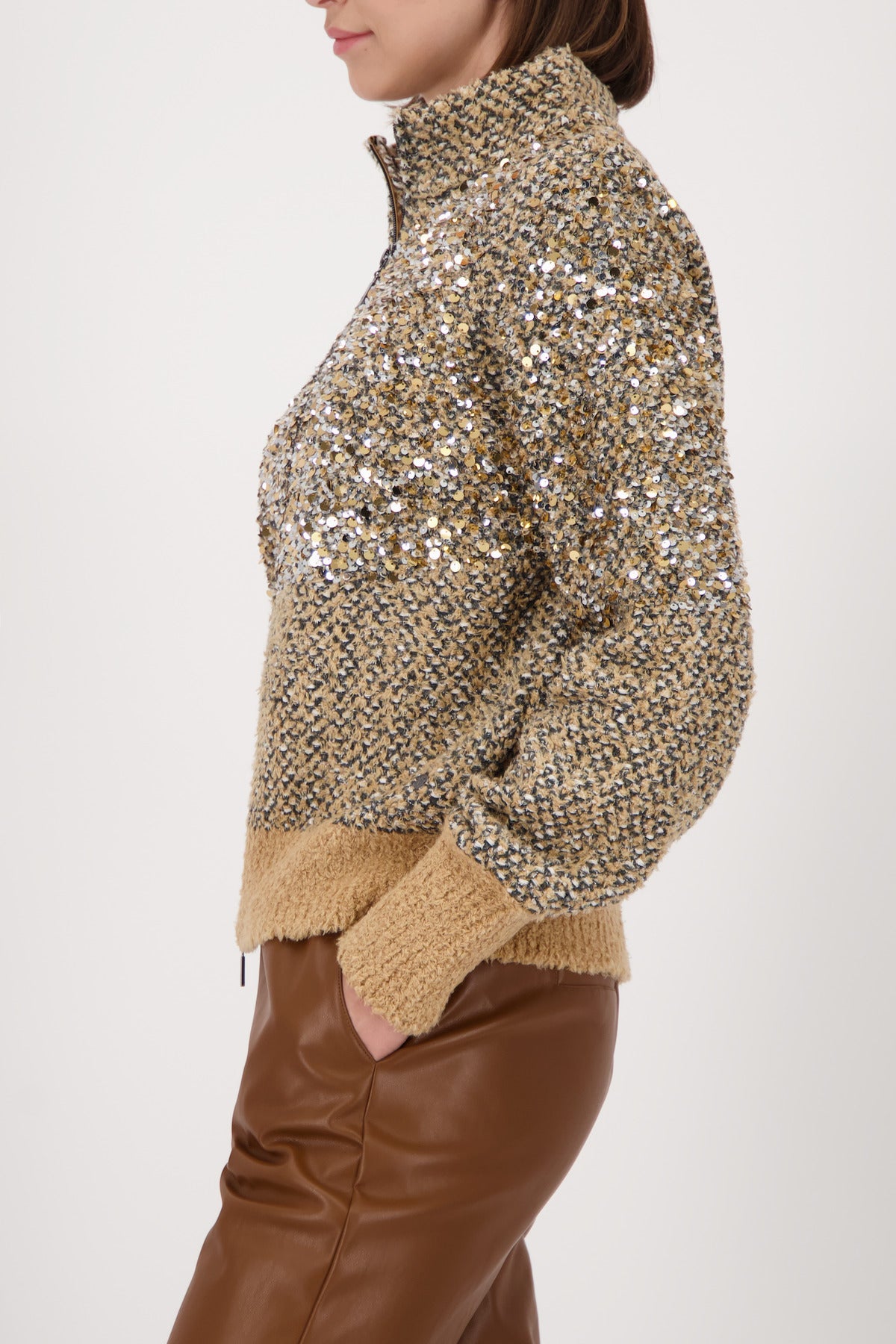 Cognac Sequin Zip Cardigan - 809562