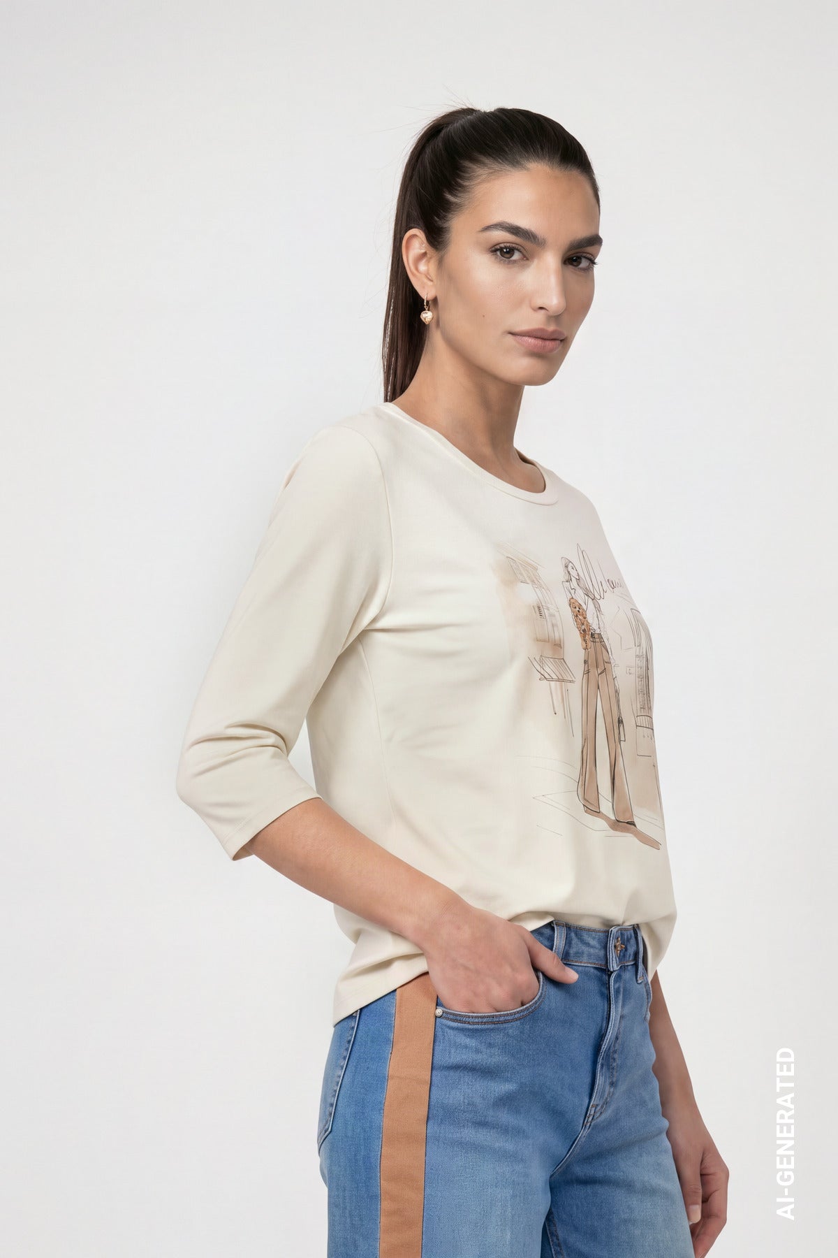 Antique White Front Print Top - 810047