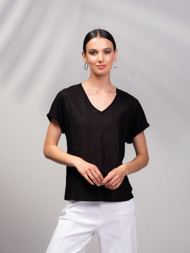 Black Linen Blend T-Shirt - A45231