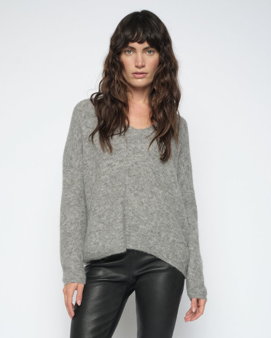 Thora V-Neck Grey Melange Knit - 153900
