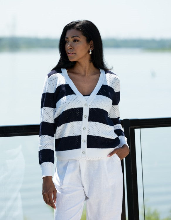 Navy & White Pointelle Cardigan - A45388