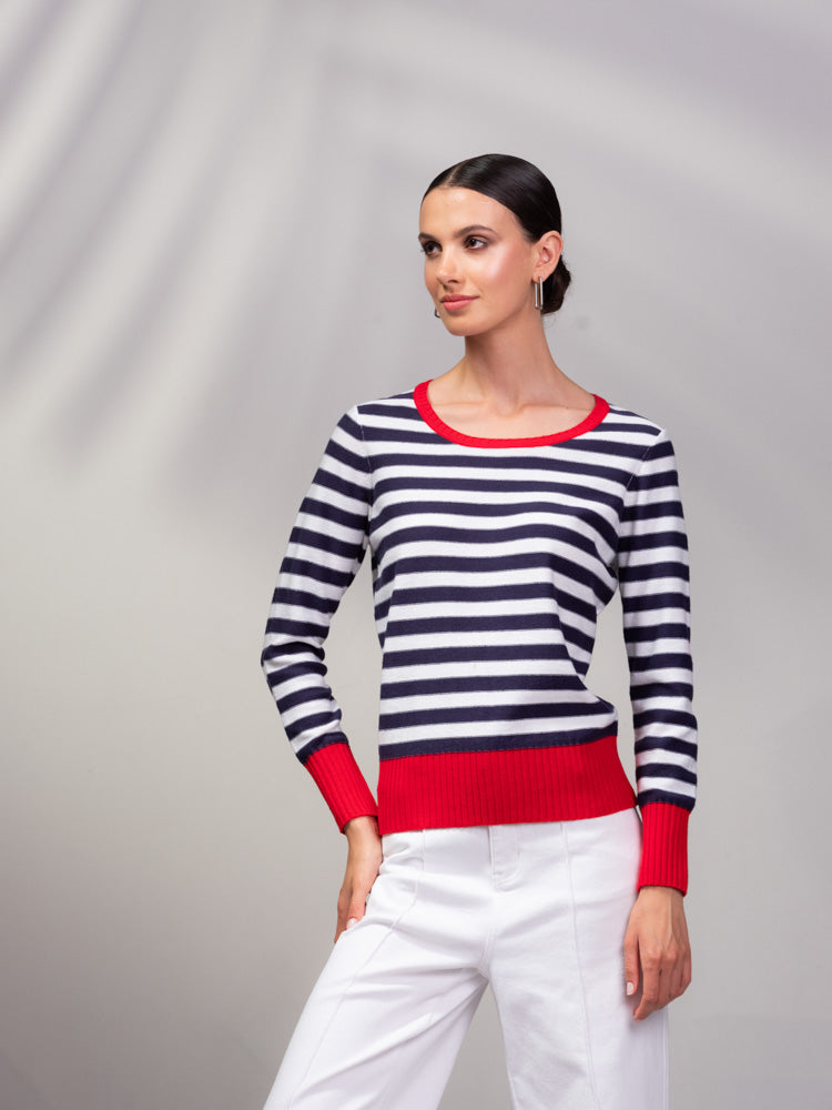 Red Trim Navy Striped Sweater - A45408