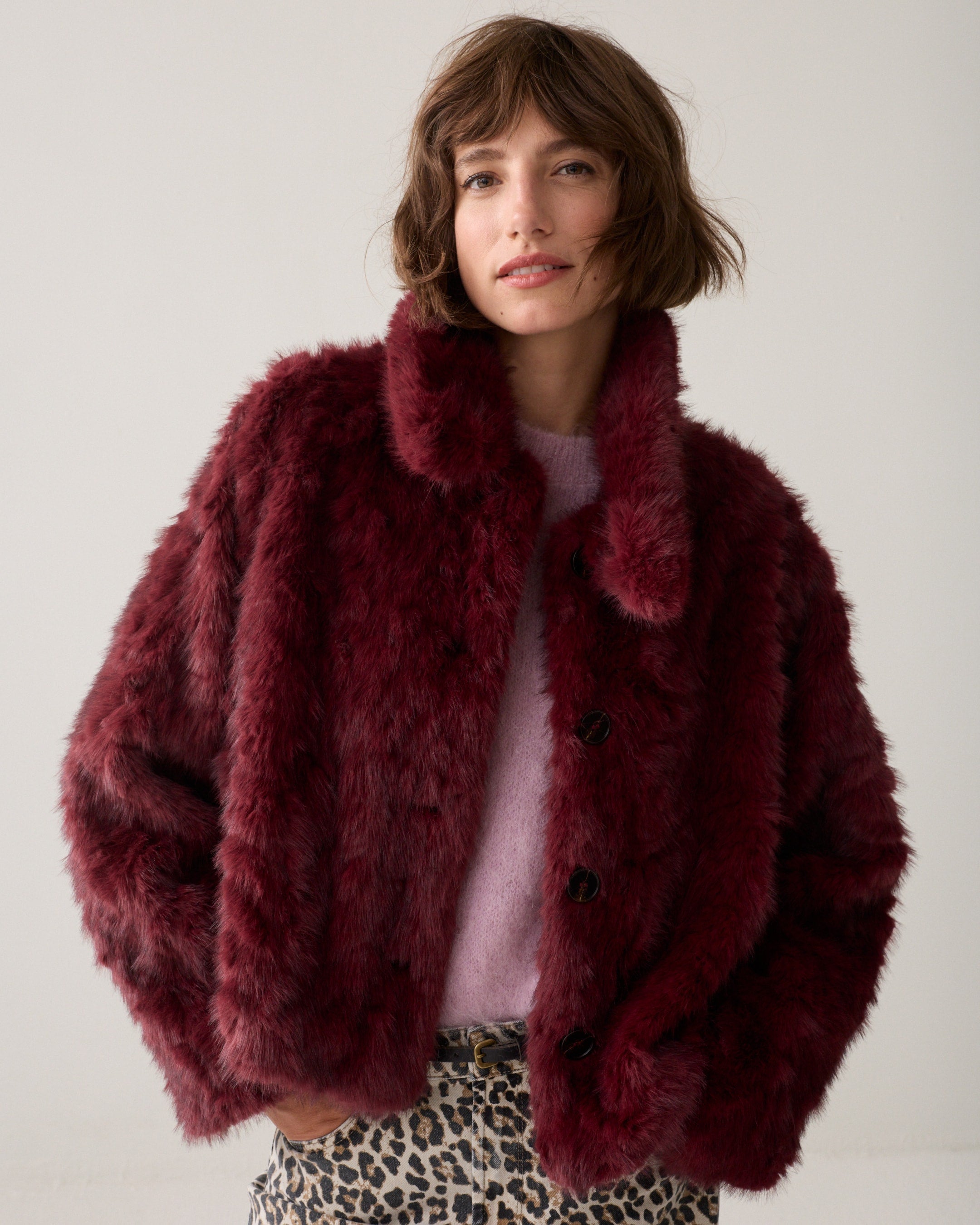Dark Burgundy Faux Fur Jacket - 1s1320