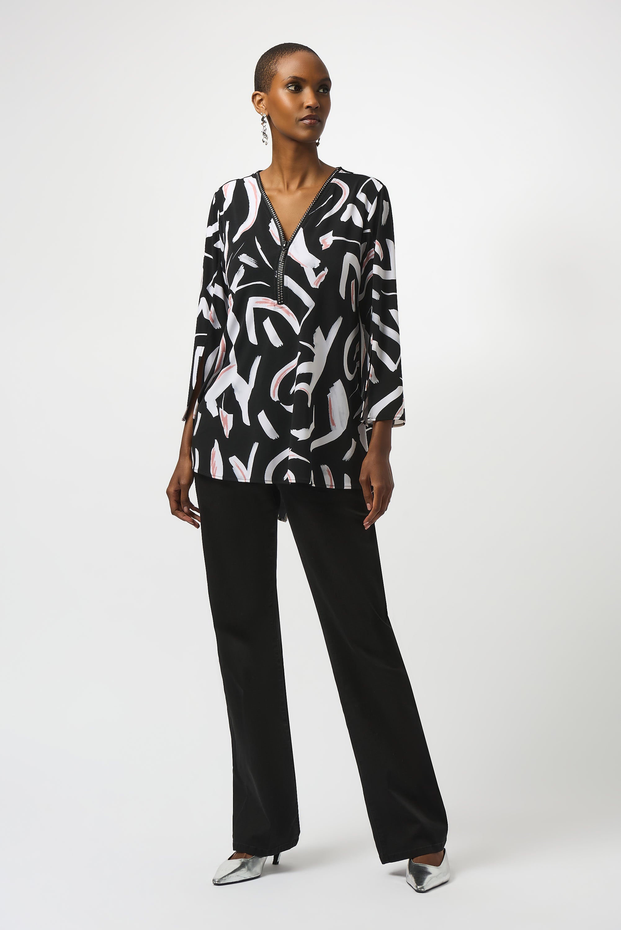 Black Print Zip Tunic Top - 253224