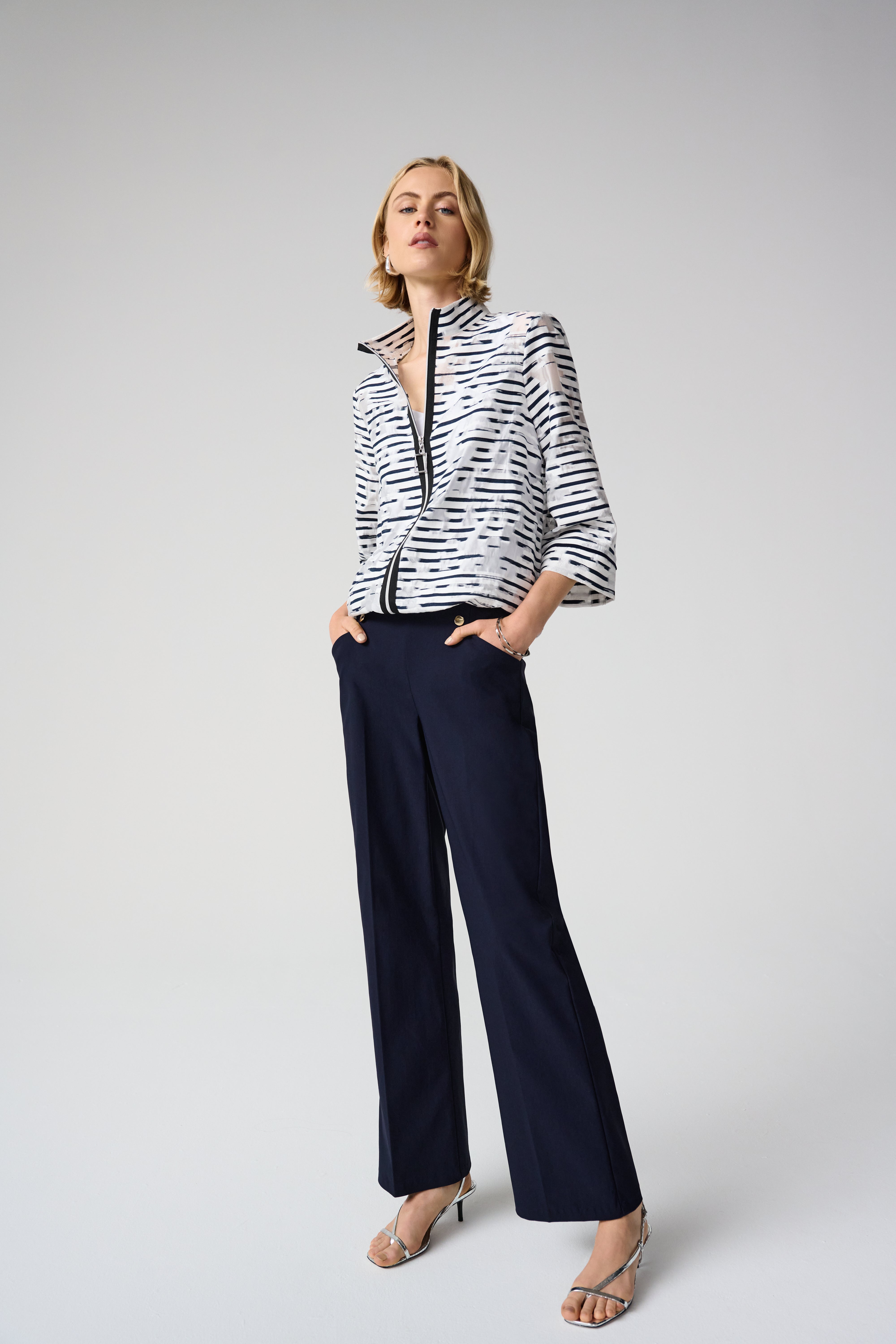 Off White & Navy Zip Jacket - 261094