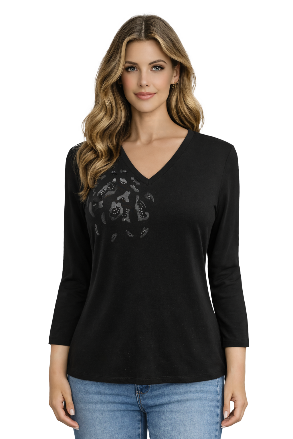 Black Front Print Top - 262119