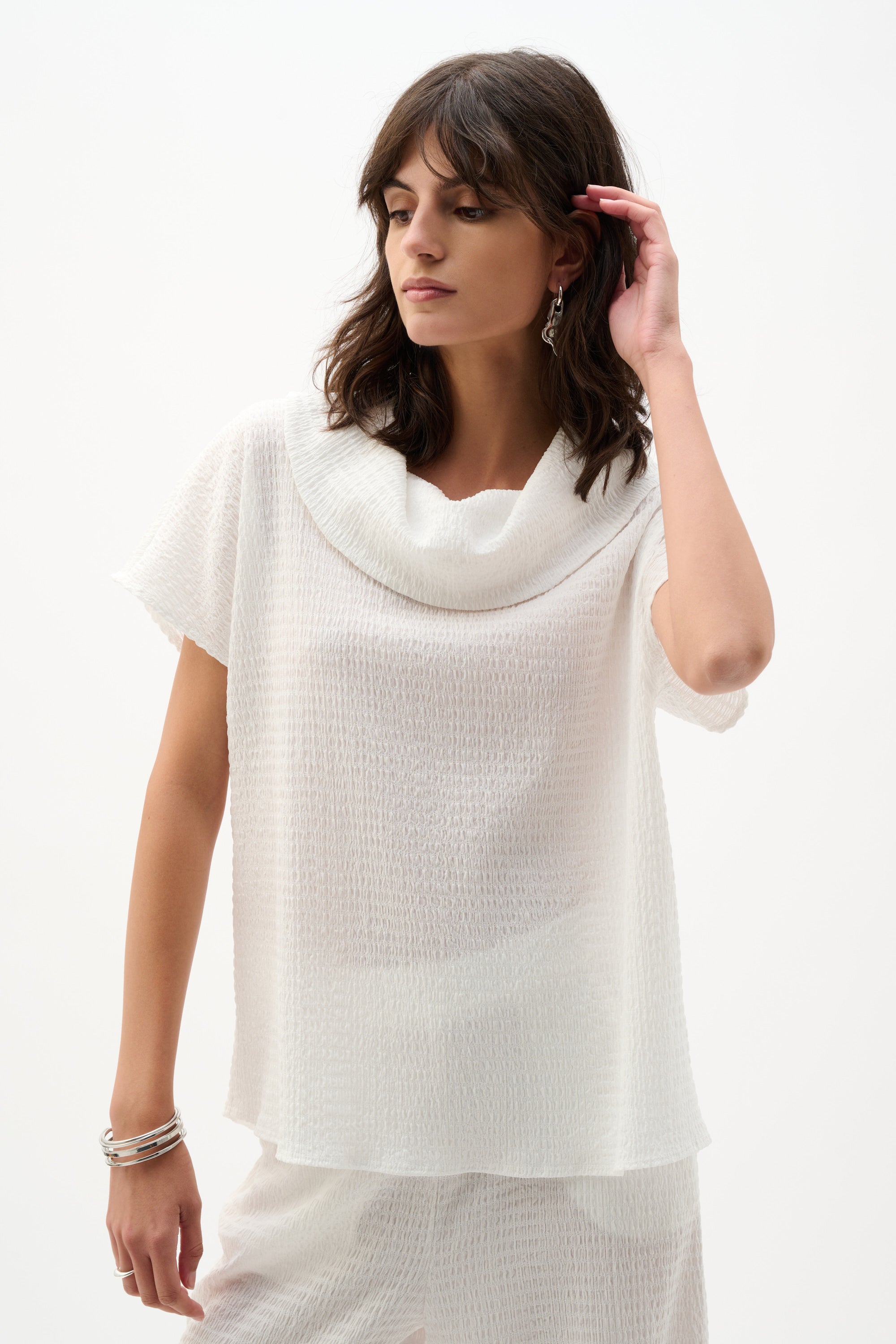 Off White Textured Cowl Neck Top - 262194