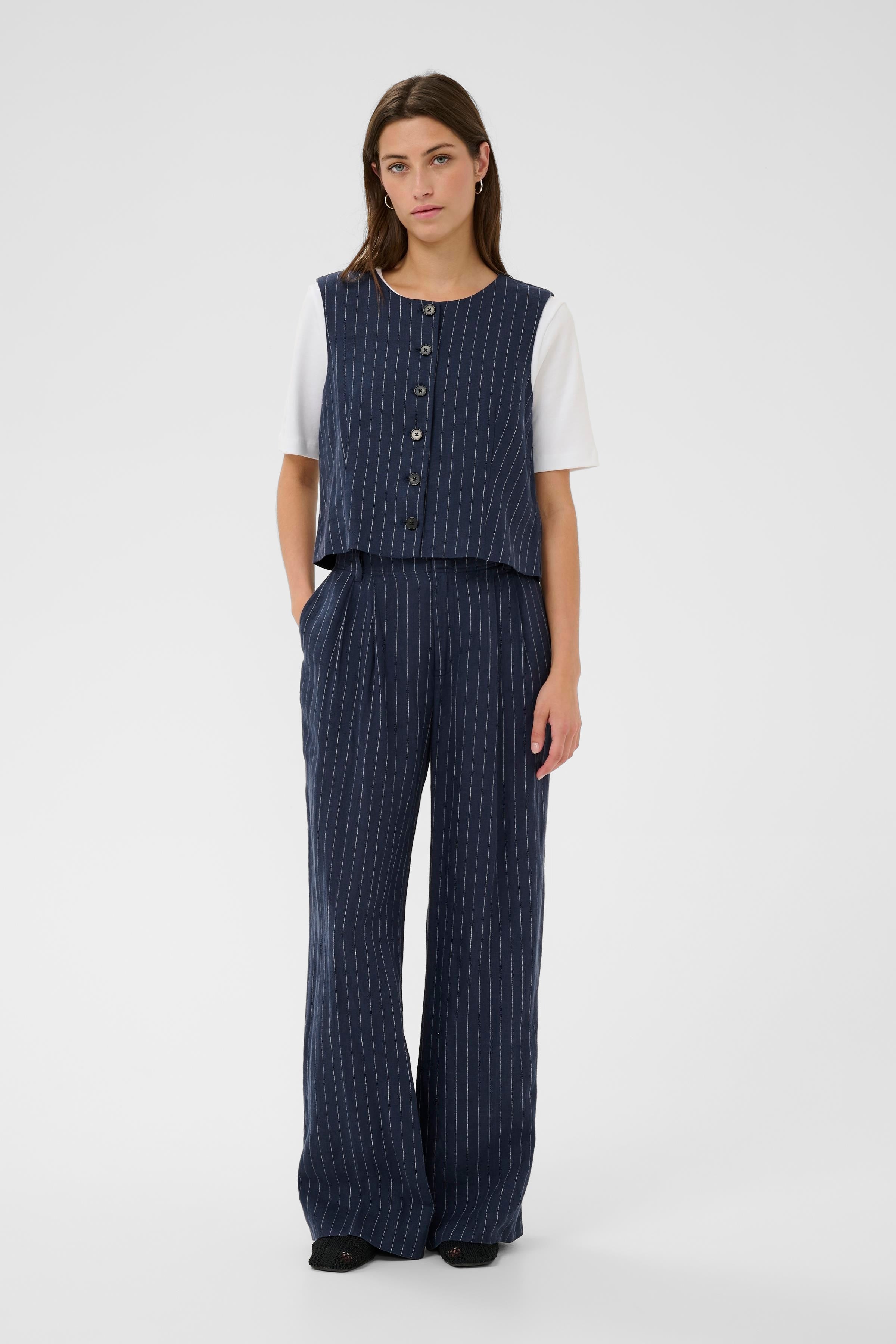 Aliya Blue Nights Pinstripe Linen Pants - 30310443
